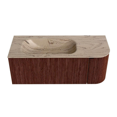 MONDIAZ KURVE-DLUX Meuble de salle de bains 115cm avec arrondi à droite couleur Ruby avec 1 tiroir et 1 porte. Lavabo BIG SMALL à gauche sans trou de robinet Arena.