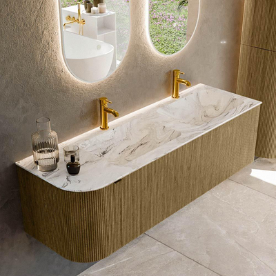 Mondiaz KURVE-DLUX Ensemble de meuble salle de bain - 145x46x40cm - 1 tiroir - 1 porte - lavabo en solid surface - double / droite - 2 trous de robinet - Dusk