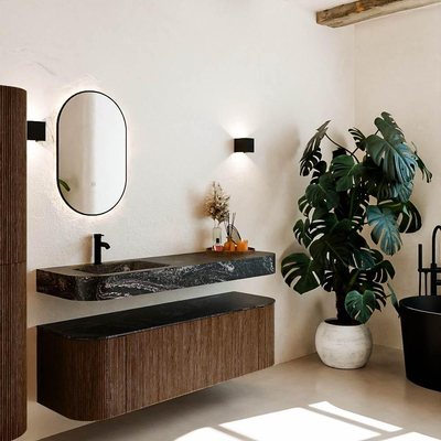 MONDIAZ THOR-DLUX 150cm badmeubel ronding links + rechts kleur Walnut met 1 lade en 2 deuren. Vrijhangende wastafel CLOUD Links 1 kraangat kleur Lava.