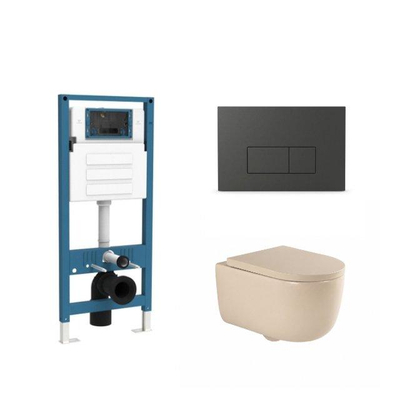 QeramiQ Dely Swirl Ensemble WC - réservoir encastré Qeramiq Flush - abattant 35mm - plaque de commande en plastique anthracite mat - boutons rectangulaires - beige
