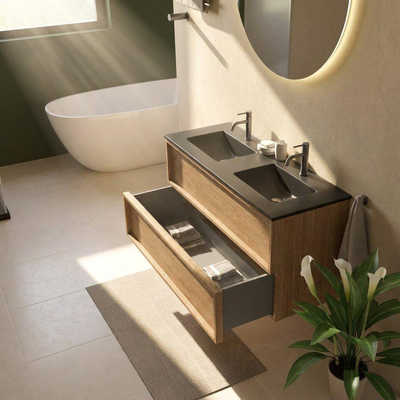 Saniclass Holz Frame Ensemble de meubles de salle de bains - 120x45x62cm - Vygo lavabo en céramique noir - 2 vasques - 2 trous de robinetterie - 2 tiroirs - chêne natural mat (bois)