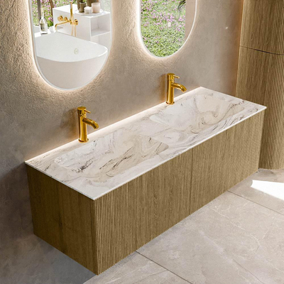 Mondiaz KURVE-DLUX Badkamermeubelset - 130x46x40cm - 2 lade - wastafel solid surface - dubbel - 2 kraangaten - Dusk