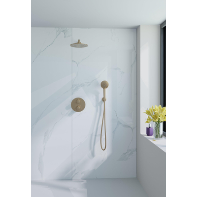 Fortifura Calvi Ensemble de douche à encastrer - rond - thermostatique - bras mural - douche principale de 25 cm - douchette ronde - flexible lisse - Laiton brossé PVD (Or)