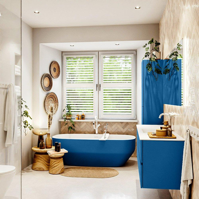 Mondiaz VICA ensemble de meuble de salle de bain - 150cm - meuble sous-vasque jeans - 2 tiroirs - lavabo cloud milieu - 1 trou de robinet - version haute de 60cm - talc