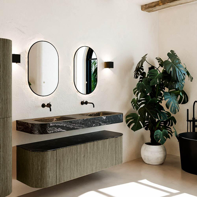 MONDIAZ THOR-DLUX 150cm meuble de salle de bains arrondi gauche + droite couleur Shadow avec 1 tiroir et 2 portes. Vasque suspendue CLOUD Double sans trou de robinet couleur Lava.