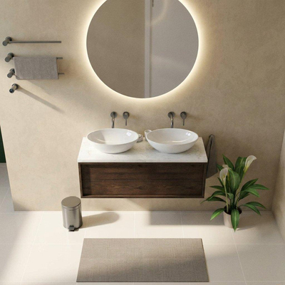 Saniclass Holz Frame Ensemble de meubles de salle de bains - 120x45x43cm - Plan vasque en marbre Dia poli (blanc) - sans trou de robinetterie - 1 tiroir - chêne charcoal mat (bois)