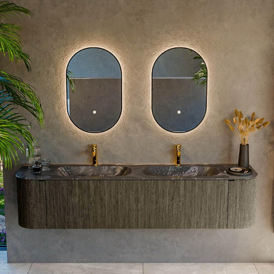 Mondiaz KURVE-DLUX Badkamermeubelset - 190x46x40cm - 2 lade - 2 deuren - wastafel solid surface - dubbel - 2 kraangaten - Shadow