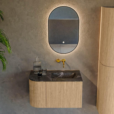 MONDIAZ KURVE-DLUX 75cm Meuble salle de bain avec module 25 G - couleur Oak - 1 tiroir - 1 porte - vasque GRUNNE droite - sans trou de robinet - couleur Lava