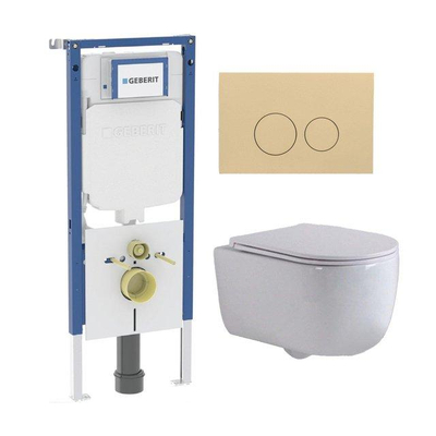 QeramiQ Dely Swirl Pack WC - 36.3x51.7cm - réservoir encastré Geberit UP720 Duofix Sigma - abattant mince - plaque de déclenchement beige - boutons ronds - blanc mat