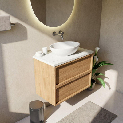 Saniclass Holz Frame Ensemble meuble de salle de bains - 80x45x63cm - Plan de lavabo en marbre Dia poli (blanc) - sans trou de robinetterie - 2 tiroirs - chêne natural mat (bois)