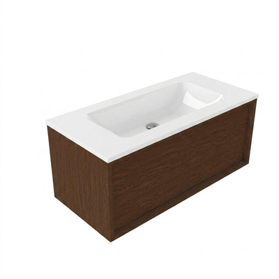 Saniclass Holz Frame Ensemble meuble de salle de bains - 100x45x57.5cm - Lavabo Torino en solid surface blanc - sans trou de robinetterie - 1 tiroir - noyer pure mat (bois)