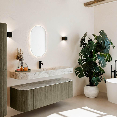 MONDIAZ THOR-DLUX 150cm meuble de salle de bains arrondi gauche + droite couleur Shadow avec 1 tiroir et 2 portes. Vasque suspendue CLOUD Milieu 1 trou de robinet couleur Glace.