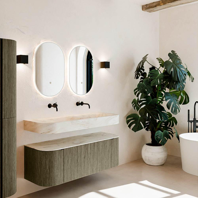 MONDIAZ THOR-DLUX Meuble de salle de bains 130cm arrondi gauche + droite couleur Shadow avec 1 tiroir et 2 portes. Vasque suspendue CLOUD Double sans trou de robinet couleur Ostra.