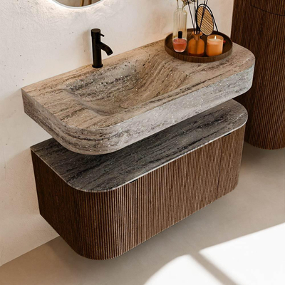MONDIAZ THOR-DLUX 100cm badmeubel ronding links + rechts kleur Walnut met 1 lade en 2 deuren. Vrijhangende wastafel CLOUD Links 1 kraangat kleur Oza.