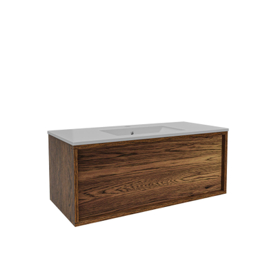 Saniclass Holz Frame Ensemble de meubles de salle de bains - 100x45x42cm - Lavabo en céramique Vygo - 1 vasque - 1 trou de robinetterie - avec trop-plein - 1 tiroir - walnut pure mat (bois)