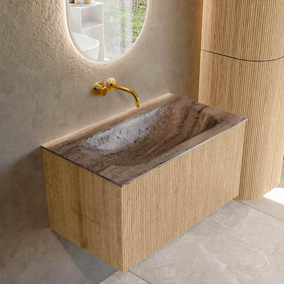 MONDIAZ KURVE-DLUX Meuble de salle de bains 80 cm couleur Oak avec 1 tiroir et 0 portes. Lavabo BIG SMALL milieu sans trou de robinet Oza.