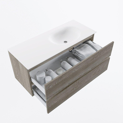 Mondiaz VICA ensemble de meuble de salle de bain - 110cm - meuble sous-vasque marron clair gris - 2 tiroirs - lavabo lune droite - 1 trou de robinet - version haute de 60cm - talc