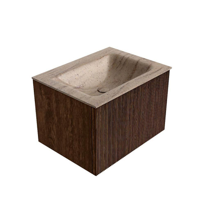 MONDIAZ KURVE-DLUX 60cm badmeubel kleur Walnut met 1 lade en 0 deuren. Wastafel CLOUD Midden 1 kraangat Saba.