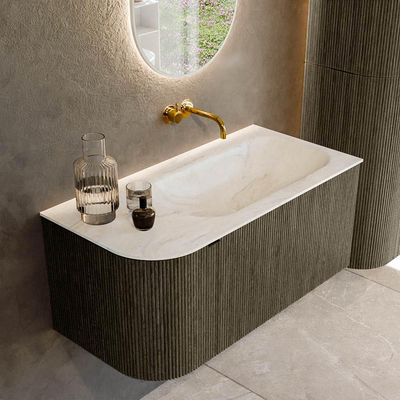 Mondiaz KURVE-DLUX Ensemble de meuble de salle de bains - 95x46x40cm - 1 tiroir - 1 porte - lavabo solid surface - droit - sans trou de robinet - Shadow
