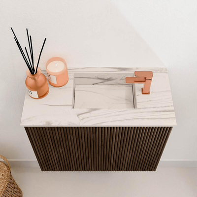 Mondiaz JOYA-DLUX 50cm toiletmeubel - kleur Walnut - Wastafel FAYE positie Rechts 1 kraangat kleur Nata.