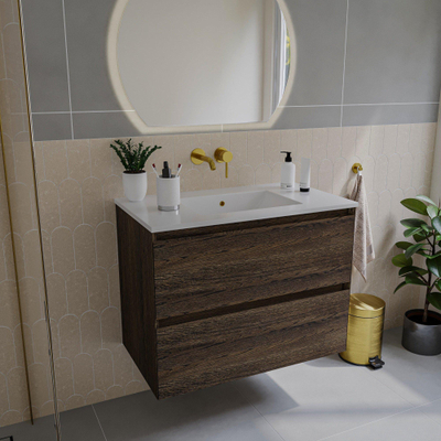 Saniclass Holz Pure Badkamermeubelset - 80x45x60cm - keramische wastafel wit - 1 wasbak - zonder kraangaten - 2 lades - Eiken Charcoal