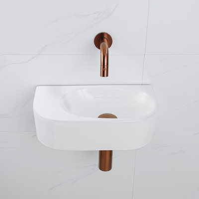 QeramiQ Fuente Ensemble de Lavabo - 40x21.5x12cm - lisse - demi-rond - céramique - ensemble de robinet en cuivre brossé - bouchon de vidange - siphon abaissé - blanc brillant