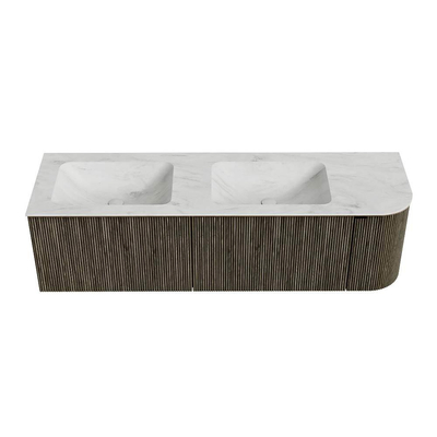 Mondiaz KURVE-DLUX Ensemble de meuble de salle de bains - 155x46x40cm - 2 tiroirs - 1 porte - lavabo solid surface - double / gauche - sans trou de robinet - Shadow