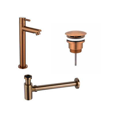 Fortifura Calvi Fonteinkraanset - staande fonteinkraan laag - always open plug - design - sifon - PVD - geborsteld koper