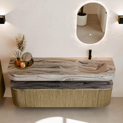 MONDIAZ THOR-DLUX Meuble de salle de bains 170cm arrondi gauche + droite couleur Dusk avec 1 tiroir et 2 portes. Vasque suspendue CLOUD Droite 1 trou de robinet couleur Sombra.