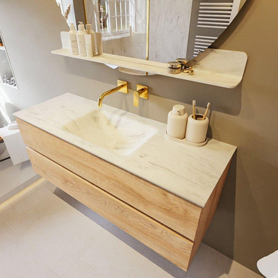 MONDIAZ VICA-DLUX Ensemble meuble de salle de bains - 130cm - meuble bas Washed oak - 2 tiroirs - lavabo encastré cloud central - sans trous de robinet - version hauteur 60cm - opalo