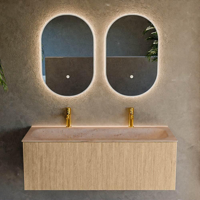MONDIAZ KURVE-DLUX 120cm badmeubel kleur Oak met 1 lade en 0 deuren. Wastafel BIG LARGE Midden 2 kraangaten Saba.