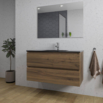 Saniclass Chaci Meuble de salle de bain - 100x45x55cm - lavabo en céramique noir mat - 1 vasque - 1 trou de robinet - 2 tiroirs - noyer