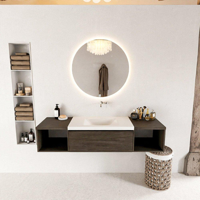 MONDIAZ BUKLA Meuble de salle de bains 160 cm avec module ouvert 40 L+R couleur Dark Brown avec 1 tiroir. Lavabo CLOUD central 0 trous de robinetterie couleur Talc.