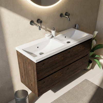Saniclass Holz Pure Ensemble meuble de salle de bains - 120x45x63.5cm - Lavabo en céramique Bari blanc - 2 vasques - sans trous de robinetterie - 4 tiroirs - chêne charcoal mat (bois)