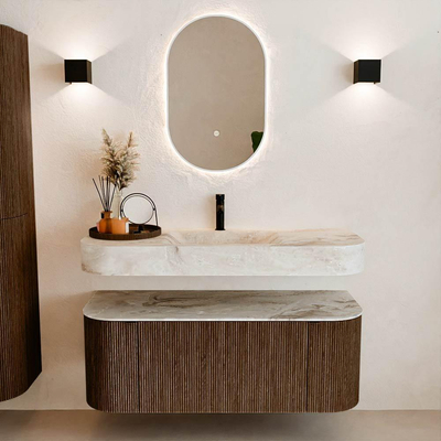 MONDIAZ THOR-DLUX 120cm meuble de salle de bains arrondi gauche + droite couleur Walnut avec 1 tiroir et 2 portes. Vasque suspendue CLOUD Milieu 1 trou de robinet couleur Frappe.