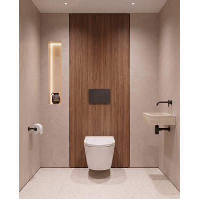 QeramiQ Dely Toiletset - 36.3x51.7cm - diepspoel - rimless - Geberit UP320 inbouwreservoir - softclose toilet zitting - 35mm - bedieningsplaat antraciet mat - rechthoekige knoppen - mat wit