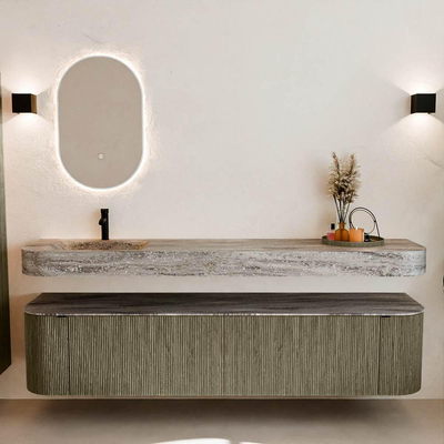 MONDIAZ THOR-DLUX Meuble de salle de bains - 200cm - arrondi gauche + droite - couleur Shadow - 2 tiroirs - 2 portes - Vasque suspendue CLOUD Gauche 1 trou de robinet couleur Oza