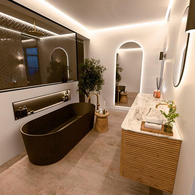 Mondiaz CIRO-DLUX Badkamermeubelset - 180x45x50cm - Solid surface wastafel Glace - 1 wasbak Rechts - zonder kraangaten - 4 lades - Oak