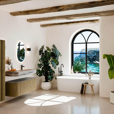 MONDIAZ THOR-DLUX 130cm meuble de salle de bains arrondi gauche + droite couleur Dusk avec 1 tiroir et 2 portes. Vasque suspendue CLOUD Droite 1 trou de robinet couleur Sombra.