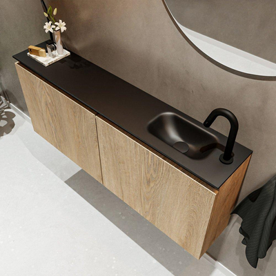 MONDIAZ TURE Fonteinset - 120x23x50cm - 1 kraangat - 2 deuren - washed oak mat - Wasbak rechts - Solid Surface Zwart