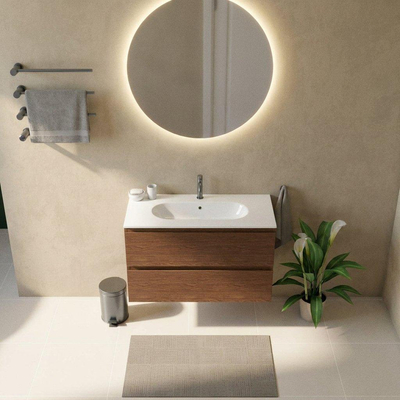 Saniclass Holz Pure Ensemble meuble de salle de bains - 100x45x73.9cm - lavabo Chaci en céramique blanc - 1 vasque - 1 trou de robinetterie - 2 tiroirs - noyer pure mat (bois)