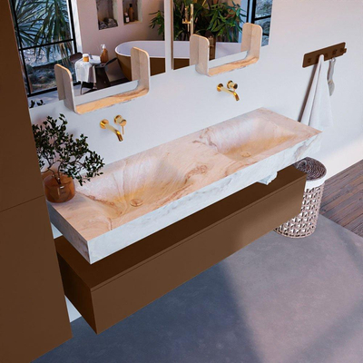 Mondiaz ALAN-DLUX Ensemble de meuble - 150cm - meuble Rust mat - 1 tiroir - Lavabo Cloud Frappe suspendu - vasque Gauche et droite - 0 trous de robinet