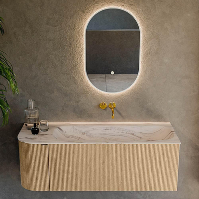 MONDIAZ KURVE-DLUX 125cm badmeubel ronding Links kleur Oak met 1 lade en 1 deur. Wastafel BIG MEDIUM Rechts zonder kraangat Nata.