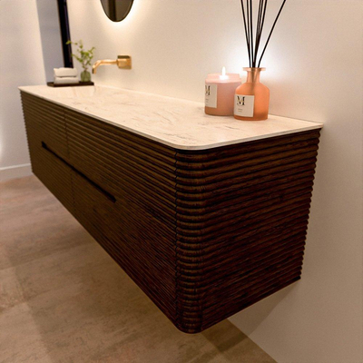 Mondiaz CIRO-DLUX Ensemble de meubles de salle de bains - 170x45x50cm - plan-vasque solid surface Ostra - 1 bassin à gauche - sans trous de robinet - 4 tiroirs - Noyer