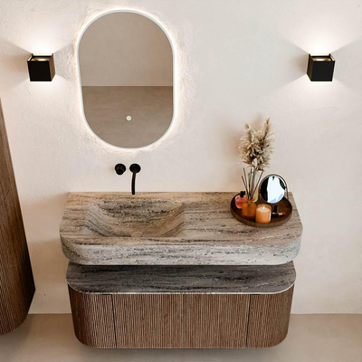 MONDIAZ THOR-DLUX 120cm badmeubel ronding links + rechts kleur Walnut met 1 lade en 2 deuren. Vrijhangende wastafel CLOUD Links zonder kraangat kleur Oza.