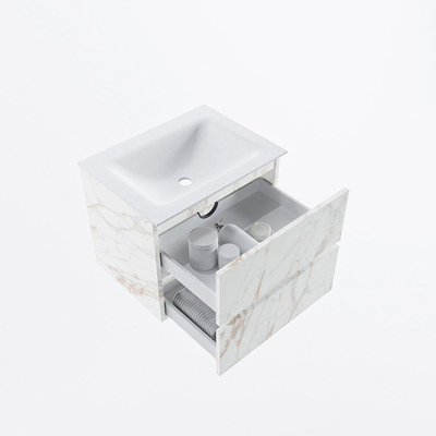 Mondiaz VICA ensemble de meuble de salle de bain - 60cm - meuble sous-vasque carrara - 2 tiroirs - lavabo cloud milieu - 1 trou de robinet - version haute de 60cm - talc