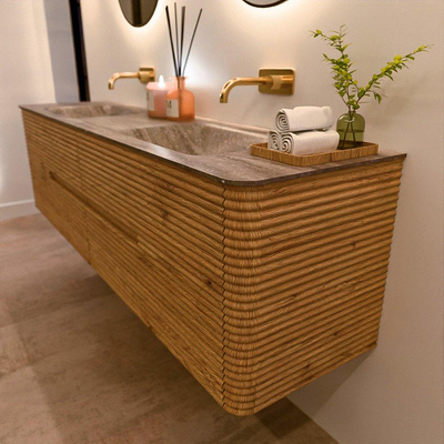 Mondiaz CIRO-DLUX Badkamermeubelset - 180x45x50cm - Solid surface wastafel Oza - 2 wasbak Dubbel - zonder kraangaten - 4 lades - Oak