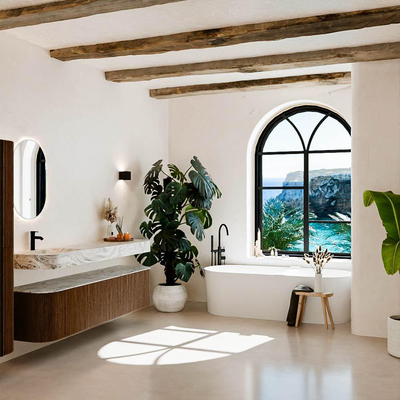 MONDIAZ THOR-DLUX 190cm badmeubel ronding links + rechts kleur Walnut met 2 lades en 2 deuren. Vrijhangende wastafel CLOUD Links 1 kraangat kleur Glace.