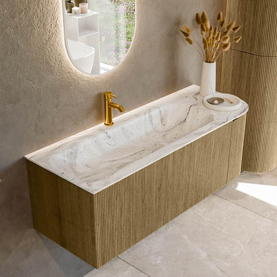 Mondiaz KURVE-DLUX Badkamermeubelset - 125x46x40cm - 1 lade - 1 deur - wastafel solid surface - links - 1 kraangat - Dusk