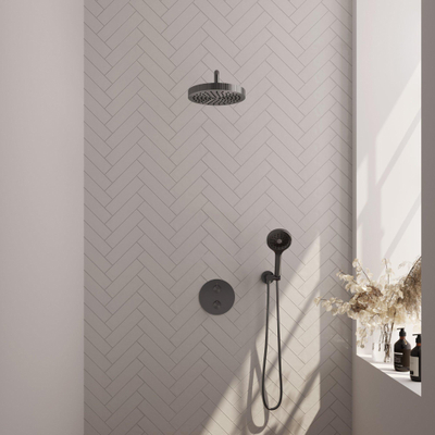 BRAUER Stripe Thermostatische Inbouw Regendouche - 3-weg - rond - SET 41 - 25cm douchekop - gebogen muurarm - 3-standen handdouche - doucheslang - wandaansluitbocht - gunmetal geborsteld PVD